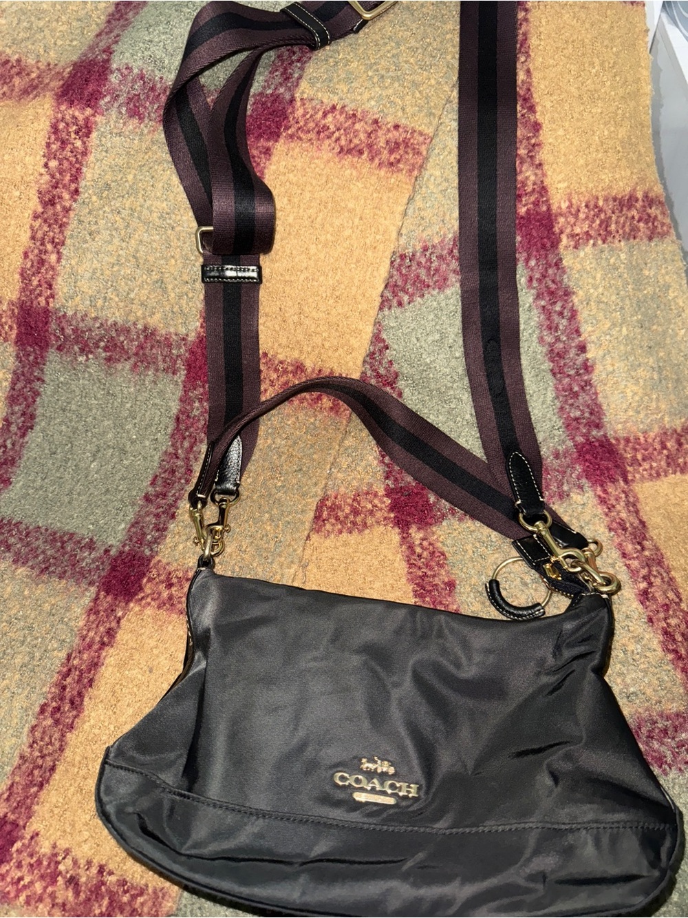 COACH Black Nylon Crossbody with Striped Webbing Strap